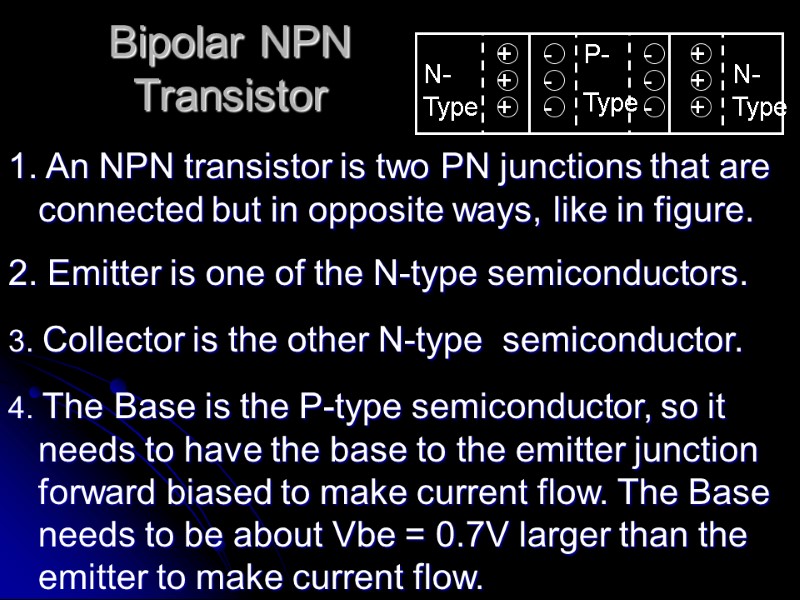 Bipolar NPN Transistor  1. An NPN transistor is two PN junctions that are